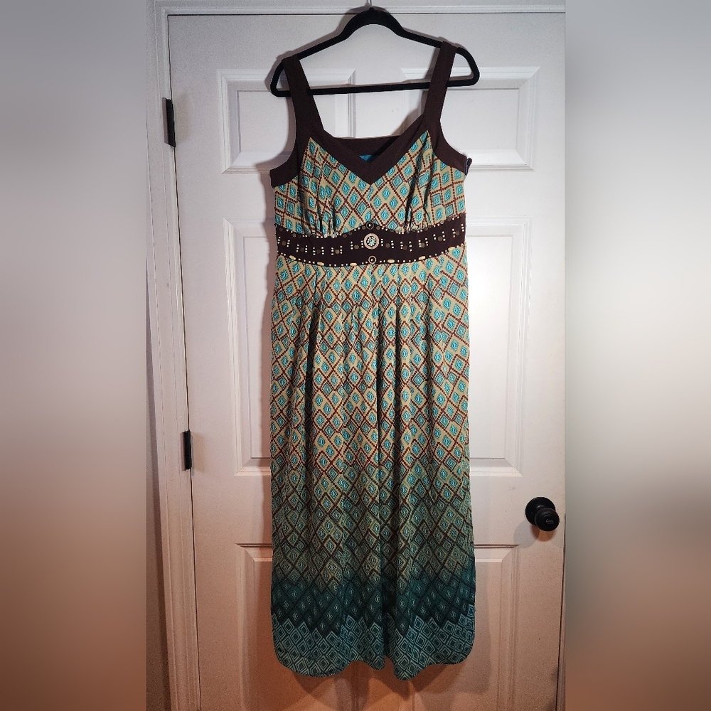 Dressbarn Elegant Brown and Teal Maxi Dress With Bead Detail 16W